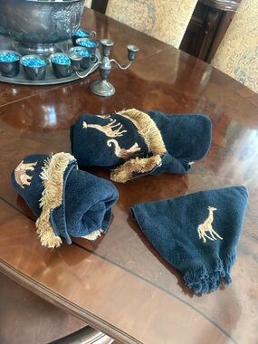 Avanti Navy Blue Embroidered Hand Towels with Gold Fringe